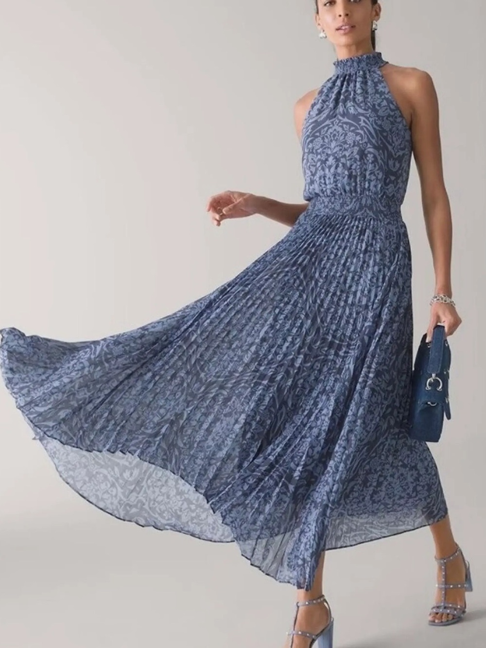 White House Black Market Size 12 Blue Floral Pleated Halter Maxi Dress WHBM